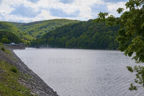 A lake with a wooded shore under a partly cloudy sky, summer, Rursee, Rurtalsperre, Heimbach, Simmerath, Eifel National Park, North Rhine-Westphalia, Germany