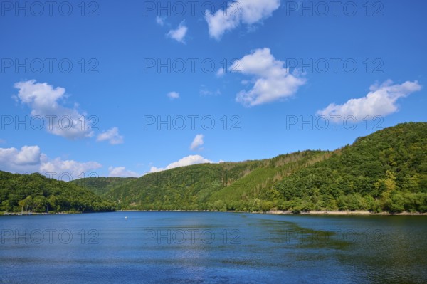 Calm lake surrounded by wooded hills under a clear, cloudy sky, summer, Rursee, Rurtalsperre, Simmerath, Eifel National Park, North Rhine-Westphalia, Germany