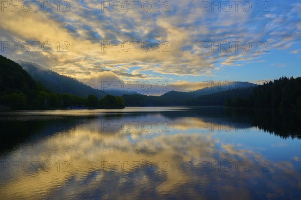 Morning light reflected on a quiet lake, summer, Rursee, Obersee, Rurberg, Simmerath, Eifel National Park, North Rhine-Westphalia, Germany