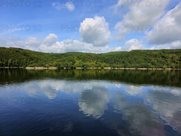 Clear blue sky with white clouds reflected in the still water of a lake and wooded shores, summer, Rursee, Rurtalsperre, Simmerath, Eifel National Park, North Rhine-Westphalia, Germany