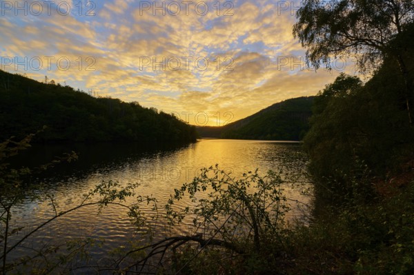 Luminous sky at dusk over a lake, summer, Rursee, Obersee, Simmerath, Eifel National Park, North Rhine-Westphalia, Germany