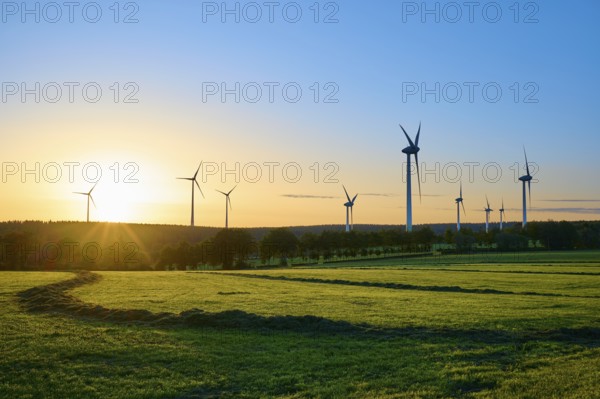 Wide landscape with wind turbines and trees while the sun colours the sky, summer, Rohren, Monschau, Eifel, North Rhine-Westphalia, Germany