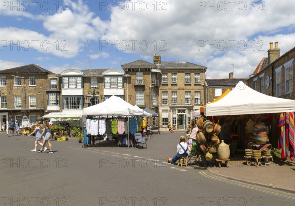 Market stalls in Market Place, town centre of Southwold, Suffolk, England, UK