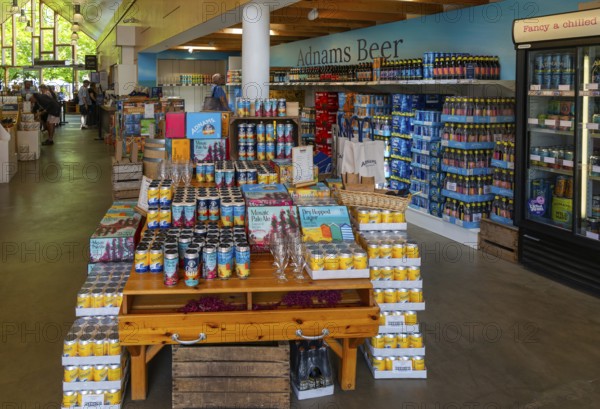Alcohol drink products on display inside Adnams Store and Cafe shop, Southwold, Suffolk, England, UK