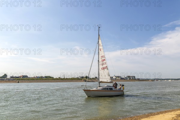 Sailing boat yacht at mouth of River Deben estuary, Bawdsey Quay, Suffolk, England, UK