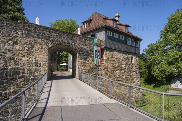 Portal, defence wall with the castle tavern, restaurant of Esslingen Castle, Esslingen am Neckar, district of Esslingen, Baden-WÃ¼rttemberg, Germany