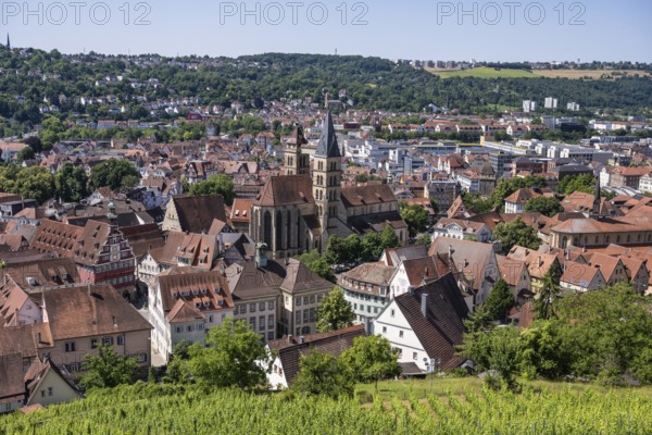 View from the Seilergang, defence wall of Esslingen Castle, down to the old town of Esslingen with the Zwiling towers of the town church of St. Dionys, Esslingen am Neckar, district of Esslingen, Baden-WÃ¼rttemberg, Germany