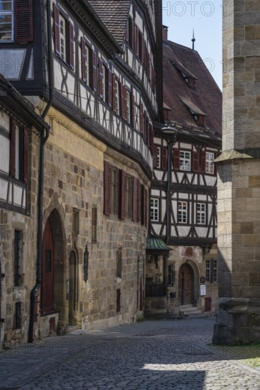 Altstadtgasse, with historic half-timbered houses of the Kessler sparkling wine cellars, former Speyrer Pfleghof in Esslingen's old town, Esslingen am Neckar, district of Esslingen, Baden-WÃ¼rttemberg, Germany
