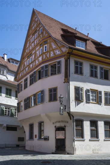 Detailed view of a historic half-timbered house and restaurant, Ratskeller in the old town of Esslingen, Esslingen am Neckar, district of Esslingen, Baden-WÃ¼rttemberg, Germany