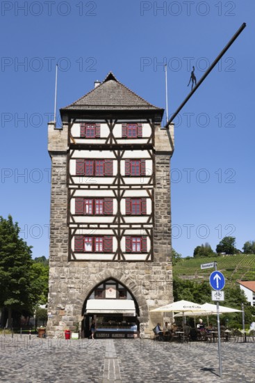 The Schelztorturm, historic half-timbered building, city gate in the old town of Esslingen, Esslingen am Neckar, district of Esslingen, Baden-WÃ¼rttemberg, Germany