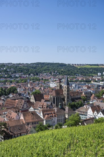 View from the Seilergang, defence wall of Esslingen Castle, down to the old town of Esslingen with the Zwiling towers of the town church of St. Dionys, Esslingen am Neckar, district of Esslingen, Baden-WÃ¼rttemberg, Germany
