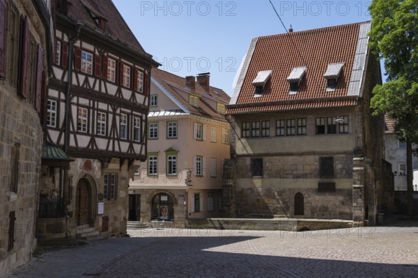 Historic half-timbered houses surround Georg Christian von Kessler Platz, Kessler sparkling wine cellars, former Speyrer Pfleghof in Esslingen's old town centre, Esslingen am Neckar, district of Esslingen, Baden-WÃ¼rttemberg, Germany