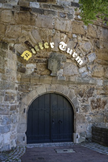 Wooden door, entrance to the thick tower with letters in Kurrent script, Esslingen am Neckar, district of Esslingen, Baden-WÃ¼rttemberg, Germany