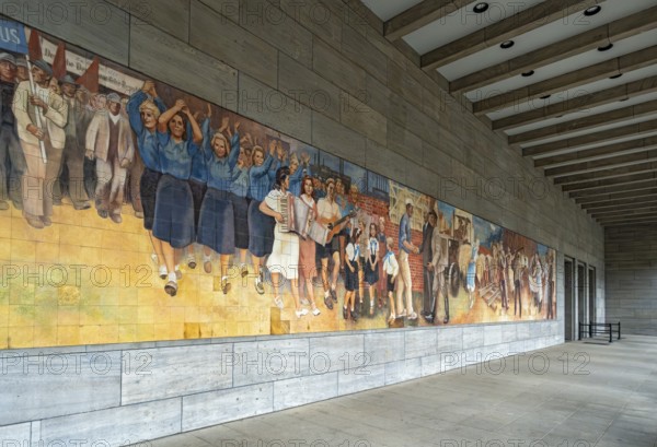 Partial view of the GDR-era Max Lingner propaganda mural, Detlev Rohwedder House, Berlin, Germany