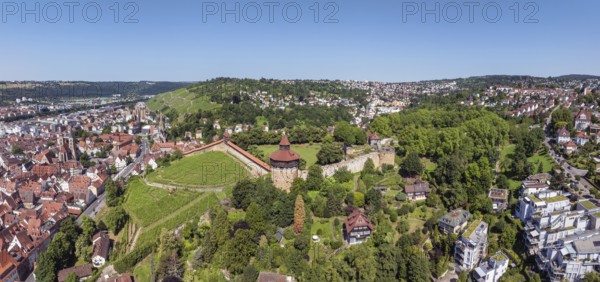 Aerial view, panorama of the city of Esslingen am Neckar with Esslingen Castle, Dicker Turm, Seilergang and vineyard, district of Esslingen, Baden-WÃ¼rttemberg, Germany