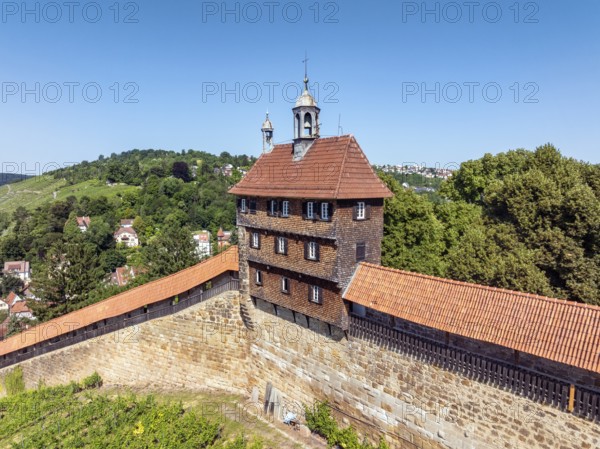 Aerial view of the Hochwacht and the Seilergang, part of the historic city fortifications, sight in the old town of Esslingen am Neckar, district of Esslingen, Baden-WÃ¼rttemberg, Germany