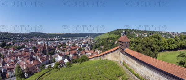 Aerial view, panorama of the old town of Esslingen am Neckar with Esslingen Castle, Dicker Turm, Seilergang and vineyard, district of Esslingen, Baden-WÃ¼rttemberg, Germany