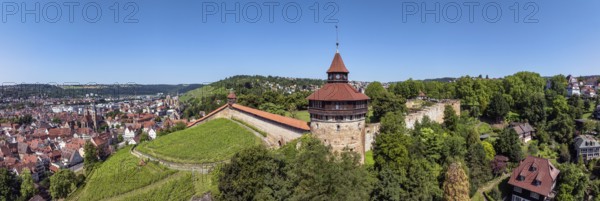 Aerial view, panorama, Dicker Turm, Seilergang and Hochwacht, part of the historic town fortifications, part of the historic town fortifications, sight in the old town centre of Esslingen am Neckar, district of Esslingen, Baden-WÃ¼rttemberg, Germany