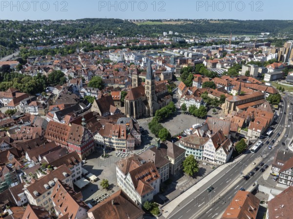 Aerial view of the historic old town of Esslingen am Neckar with the town church of St Dionys, district of Esslingen, Baden-WÃ¼rttemberg, Germany