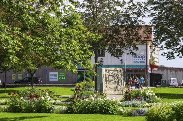 View of the local Coop Konsum from the picturesque town park of Lysekil (Lysekils stadsparken), BohuslÃ¤n, VÃ¤stra Götalands lÃ¤n, Sweden, Scandinavia, for editorial use only