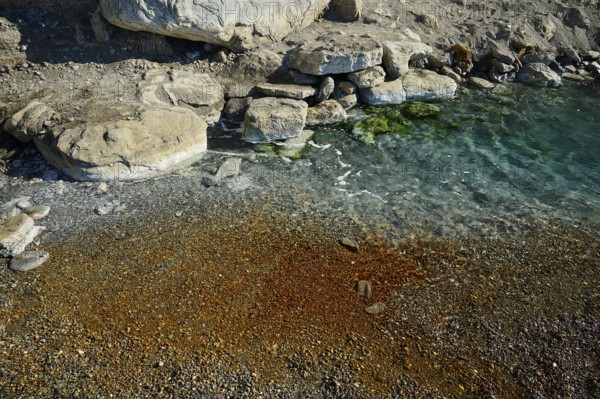 Rocky shore with clear water and different natural textures, Embros Thermal Baths, Kos, Dodecanese, Greek Islands, Greece