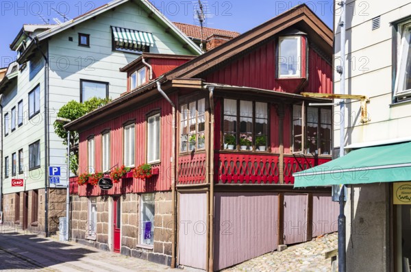 Historic residential and commercial architecture on Kungsgatan in the city centre of Lysekil, BohuslÃ¤n, VÃ¤stra Götalands lÃ¤n, Sweden, Scandinavia