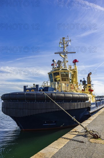 The tug SVITZER GAIA is moored in the harbour of Lysekil, BohuslÃ¤n, VÃ¤stra Götalands lÃ¤n, Sweden, Scandinavia