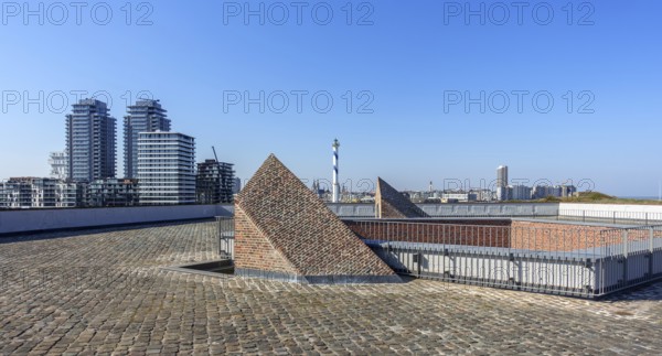Skyline of the city Ostend, Oostende seen from Fort Napoleon of the Napoleonic era in the dunes along the North Sea coast, West Flanders, Belgium