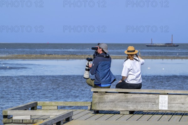 Couple of birdwatchers with binoculars, camera and telephoto lens watching birds at sea from wooden jetty on Texel island, North Holland, Netherlands