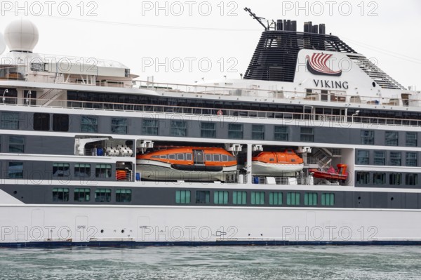 Detroit, Michigan - Orange life boats on the Viking Octantis luxury cruise ship. The ship visited Detroit while on a cruise through the Great Lakes