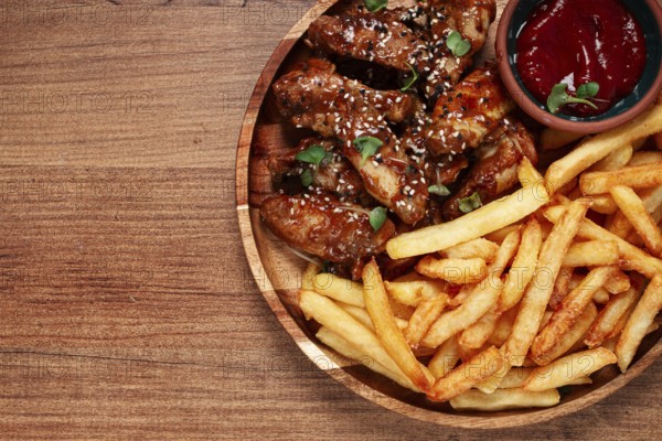 Barbecue chicken wings, sprinkled with sesame seeds, with French fries, and sauce, on a wooden plate, rustic style