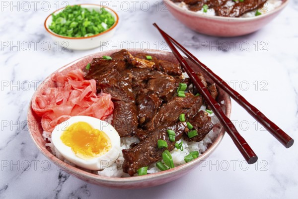 Gyudon Japanese beef with rice, pickled ginger, boiled egg slice, garnished with green onions, in a bowl with chopsticks