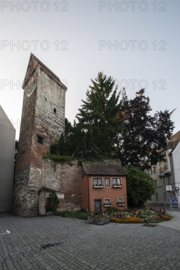 House with garden at the Hexenturm in Memmingen, Bavaria, Germany