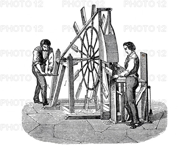 Textile industry, spinning mill, men working on a flax swinging machine, flax swinging machine, around 1880, digitally enhanced reproduction of a 19th century model, historical, exact date unknown