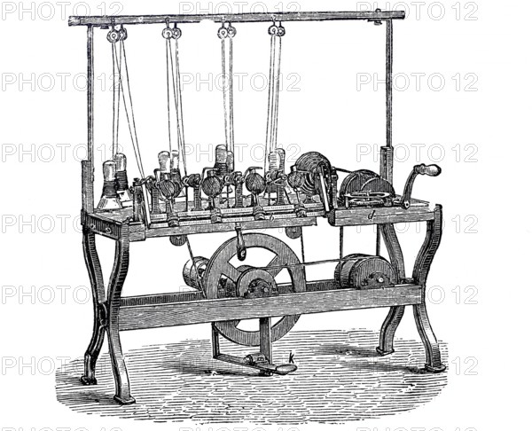 Textile industry, spinning mill, ball winding machine for manual and steam operation, a machine for mechanically winding yarns, twine, cords etc. into the shape of a ball, by G. Stein, around 1880, digitally improved reproduction of a 19th century model, historical, exact date unknown