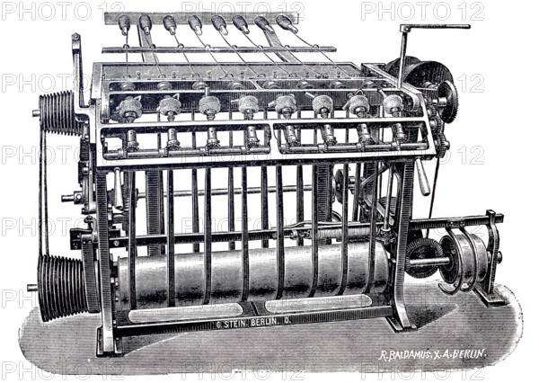 Textile industry, spinning mill, Automatic ball winding machine, a machine used to mechanically wind yarns, twine, cords, etc. into the shape of a ball, by G. Stein, around 1880, digitally improved reproduction of a 19th century model, historical, exact date unknown