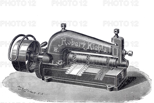 Leather processing, leather pinking machine by Robert Kiehle, around 1880, digitally improved reproduction of a 19th century model, historical, exact date unknown