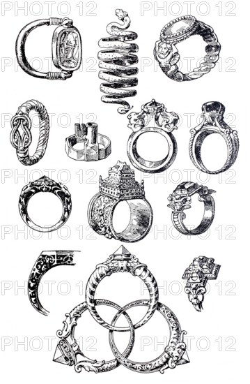 Jewellery, development stages of the ring from the Egyptian signet ring, Greek snake ring to the coat of arms ring, digitally improved reproduction of a 19th century model, historical, exact date unknown