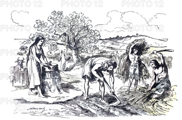 Agriculture, farmers tilling fields in the Iron Age, c. 700 BC, digitally enhanced reproduction of a 19th century model, historical, exact date unknown