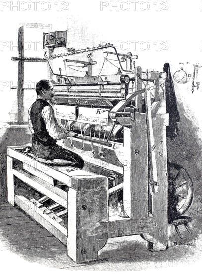 Glove-making workshop, worker at a glove-knitting loom, around 1870, digitally enhanced reproduction of a 19th century model, historical, exact date unknown