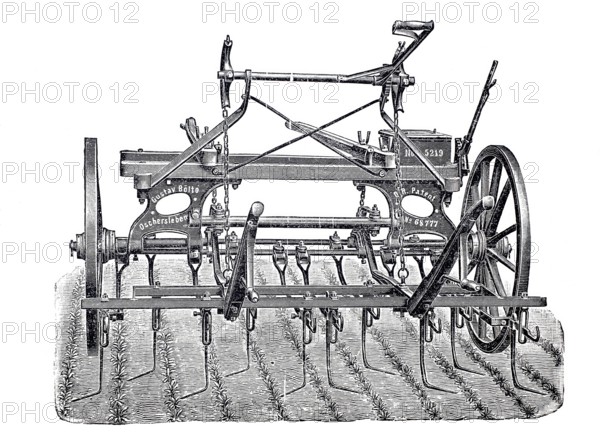 Arable farming, agriculture, hoeing machine by G. Bölte from Oschersleben, digitally improved reproduction of a 19th century model, historical, exact date unknown