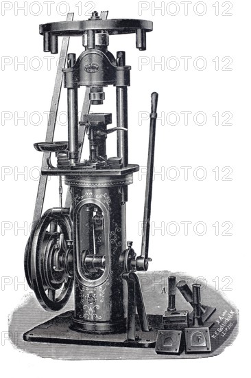 Shoemaker, shoemaker, heel press and nailing machine by Robert Kiehle, around 1870, digitally improved reproduction of a 19th century model, historical, exact date unknown