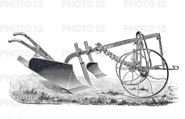 Arable farming, agriculture, Rajol plough, deep plough or deep draft plough, around 1870, digitally improved reproduction of a 19th century model, historical, exact date unknown