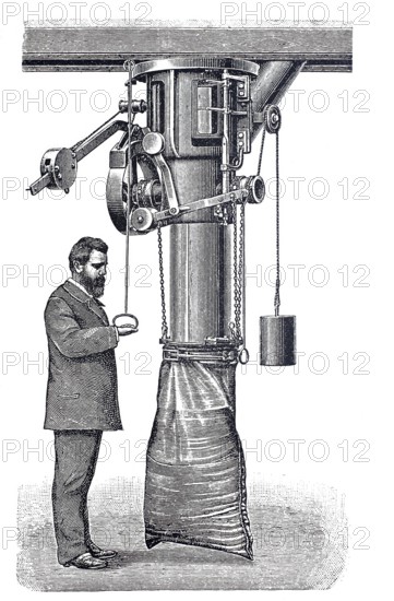 Milling plant, sack packing machine by Boerde and Co, around 1870, digitally improved reproduction of a 19th century model, historical, exact date unknown