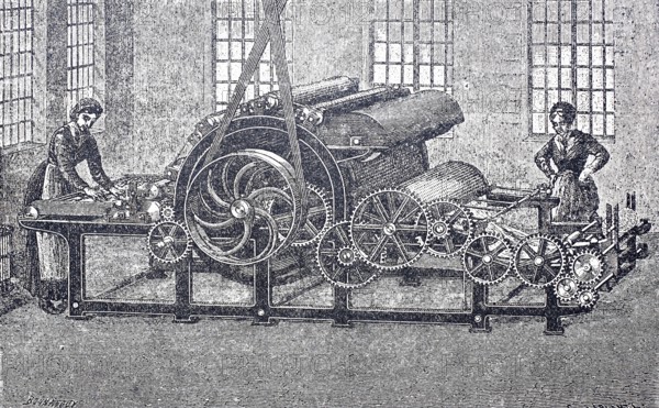 Textile processing, spinning mill, carding machine for the carded wool spinning mill, around 1860, digitally improved reproduction of a 19th century model, historical, exact date unknown