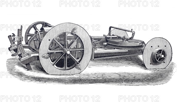 Agriculture, Tillage, Anchor wagon by John Fowler, At the beginning of steam ploughing there were also single-machine systems that made do with a single, initially not even self-propelled steam locomotive and used deflection rollers and so-called anchor wagons instead of the second machine, around 1850, digitally improved reproduction of a 19th century model, Historical, exact date unknown