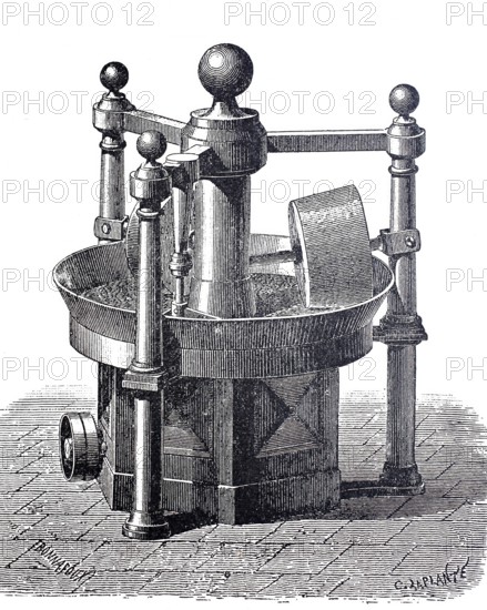 Production of chocolate, melangeur, a machine for mixing sugar and cocoa powder, around 1830, digitally improved reproduction of a 19th century model, historical, exact date unknown