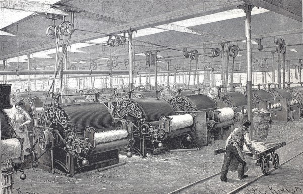 Textile industry, spinning mill, machines for carding cotton, carding machine, carding machine, ca 1860, digitally improved reproduction of a 19th century model, historical, exact date unknown