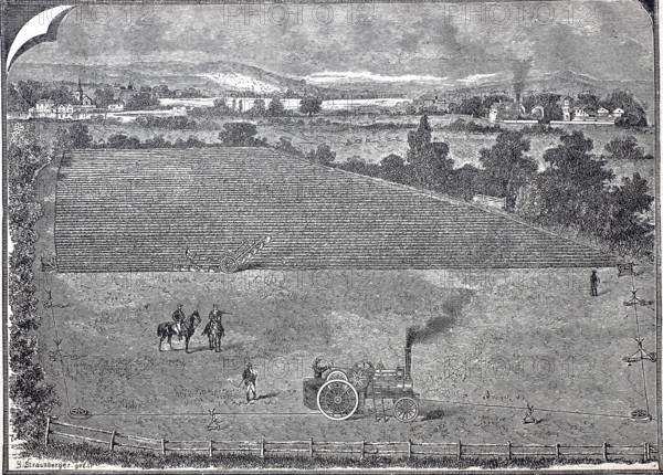 Agriculture, arable farming, use of the single-machine steam plough, system A, digitally improved reproduction of a 19th century model, historical, exact date unknown