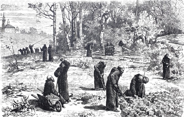 Silviculture, Monks clearing and ploughing up a wooded area, c. 1810, England, digitally enhanced reproduction of a 19th century original, historical, exact date unknown